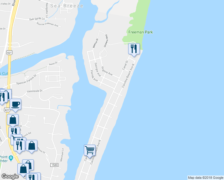 map of restaurants, bars, coffee shops, grocery stores, and more near 1415 Canal Drive in Carolina Beach