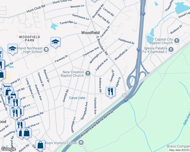 map of restaurants, bars, coffee shops, grocery stores, and more near 1900 Fairlamb Avenue in Columbia