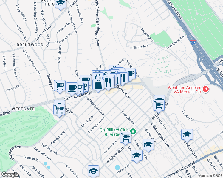 map of restaurants, bars, coffee shops, grocery stores, and more near 11726 San Vicente Boulevard in Los Angeles