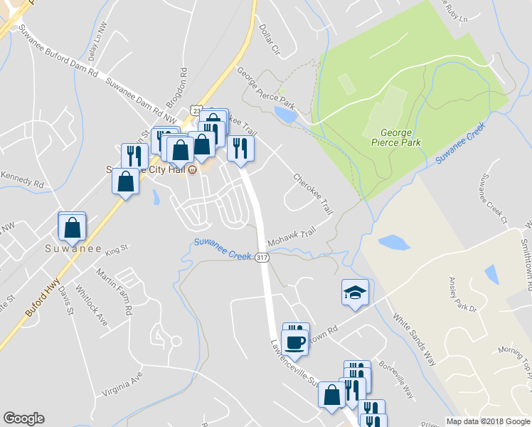 map of restaurants, bars, coffee shops, grocery stores, and more near 3805 Lawrenceville-Suwanee Road in Suwanee