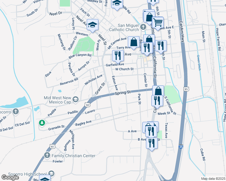 map of restaurants, bars, coffee shops, grocery stores, and more near 601 Spring Street in Socorro
