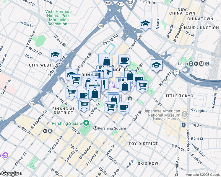 map of restaurants, bars, coffee shops, grocery stores, and more near W General Thaddeus Kosciuszko Way & S Olive St in Los Angeles