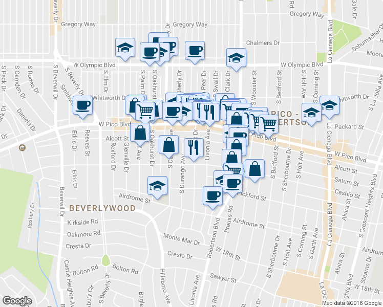 map of restaurants, bars, coffee shops, grocery stores, and more near 1481 South Crest Drive in Los Angeles