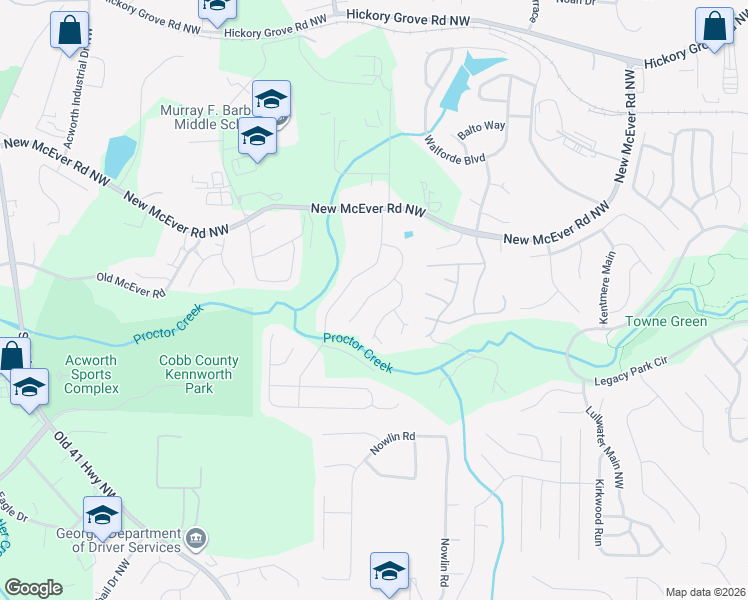 map of restaurants, bars, coffee shops, grocery stores, and more near 4016 Mcpherson Drive in Acworth