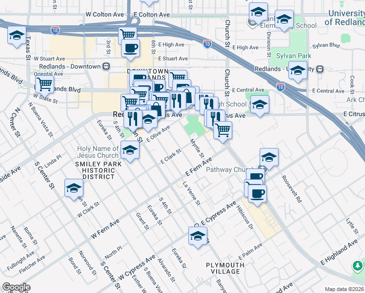 map of restaurants, bars, coffee shops, grocery stores, and more near 259 Sonora Street in Redlands