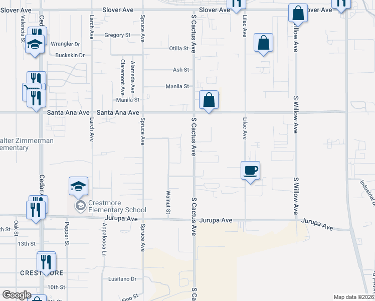 map of restaurants, bars, coffee shops, grocery stores, and more near 11048 Cactus Avenue in Bloomington