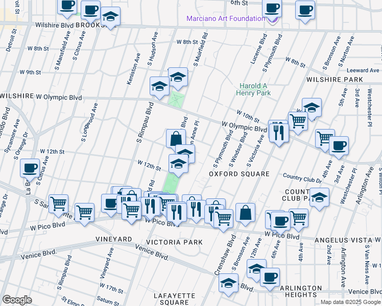 map of restaurants, bars, coffee shops, grocery stores, and more near 1142 Queen Anne Place in Los Angeles