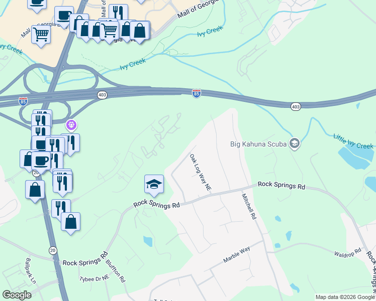 map of restaurants, bars, coffee shops, grocery stores, and more near 2810 Pine Log Way in Buford
