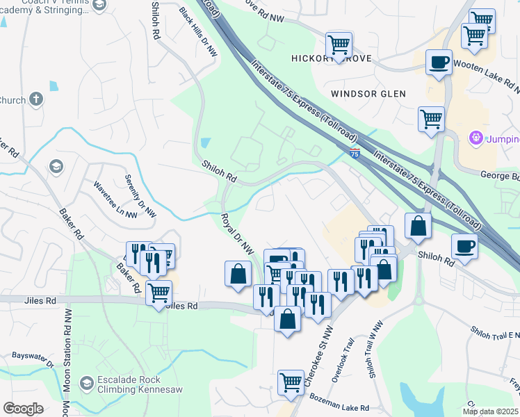 map of restaurants, bars, coffee shops, grocery stores, and more near 4146 Royal Regency Circle in Kennesaw
