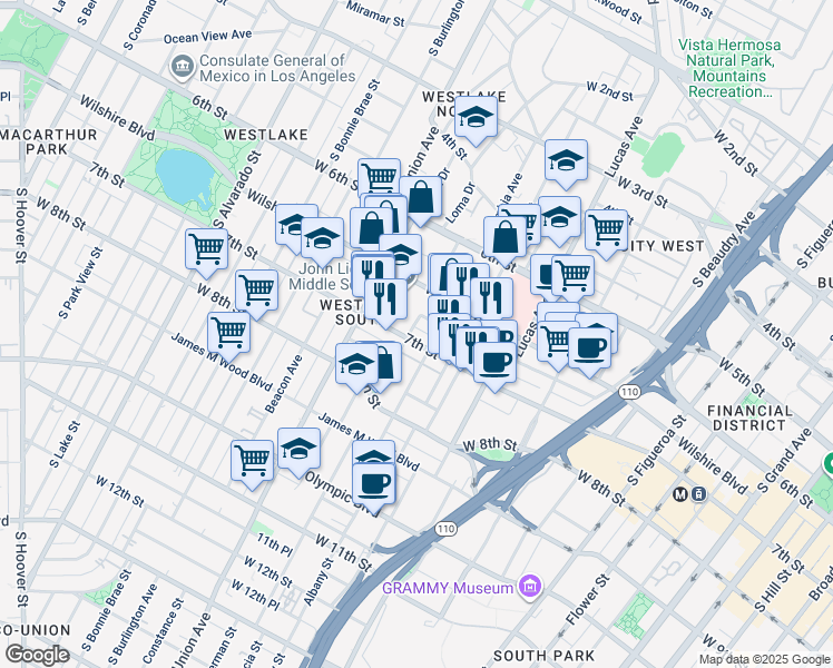 map of restaurants, bars, coffee shops, grocery stores, and more near in Los Angeles