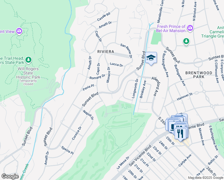 map of restaurants, bars, coffee shops, grocery stores, and more near 1300 Monaco Drive in Los Angeles