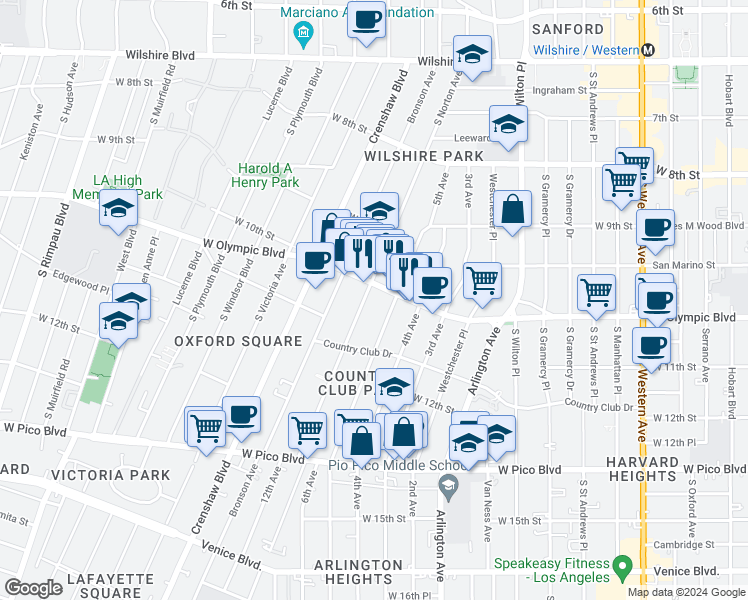 map of restaurants, bars, coffee shops, grocery stores, and more near 1014 South Norton Avenue in Los Angeles