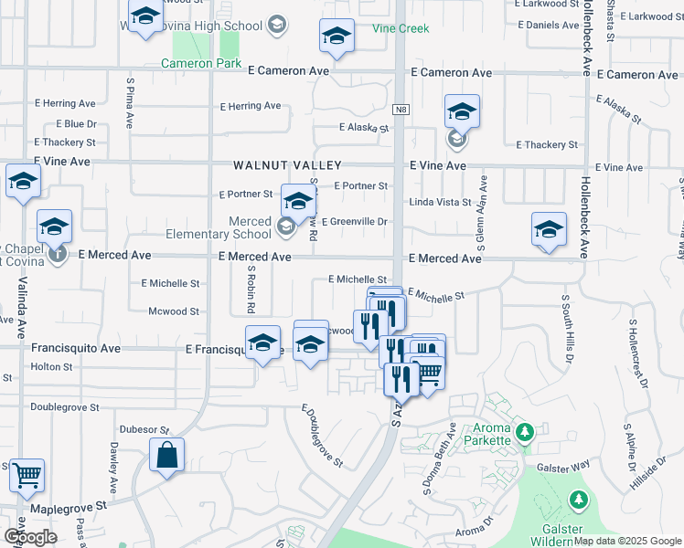 map of restaurants, bars, coffee shops, grocery stores, and more near 1643 East Michelle Street in West Covina