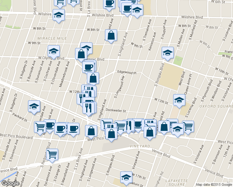 map of restaurants, bars, coffee shops, grocery stores, and more near W 12th St & S Longwood Ave in Los Angeles