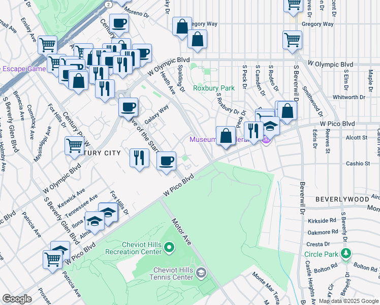 map of restaurants, bars, coffee shops, grocery stores, and more near 10128 Empyrean Way in Los Angeles