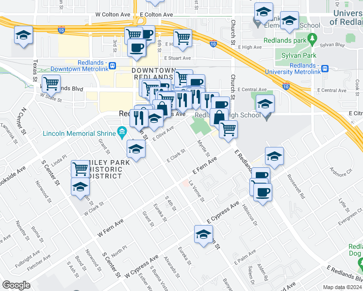 map of restaurants, bars, coffee shops, grocery stores, and more near 250 Sonora Street in Redlands