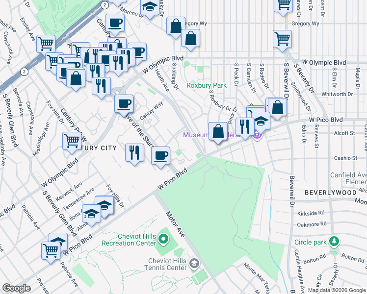 map of restaurants, bars, coffee shops, grocery stores, and more near 10114 Empyrean Way in Los Angeles