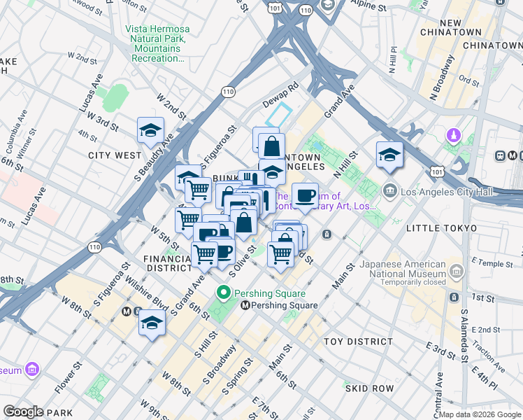 map of restaurants, bars, coffee shops, grocery stores, and more near 250 South Grand Avenue in Los Angeles