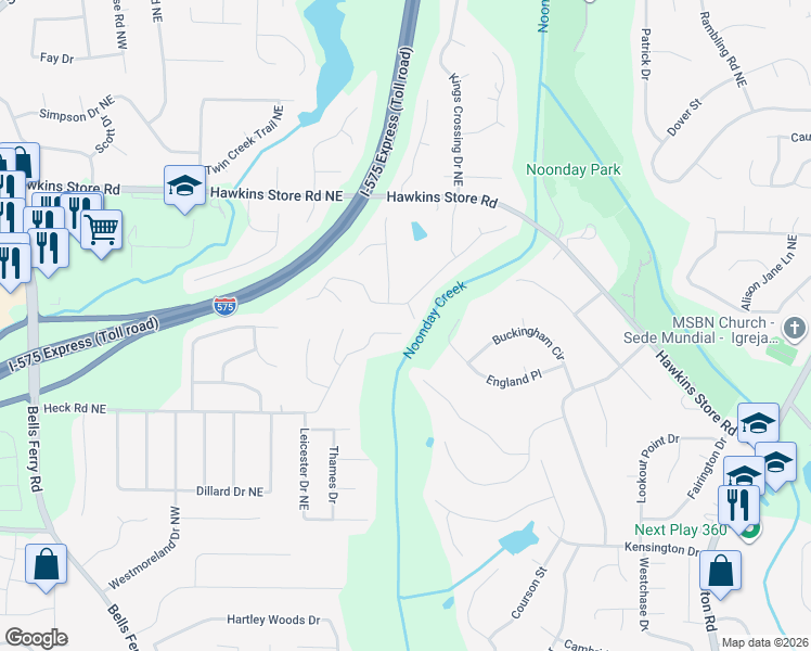 map of restaurants, bars, coffee shops, grocery stores, and more near 4199 Pamal Place Northeast in Kennesaw
