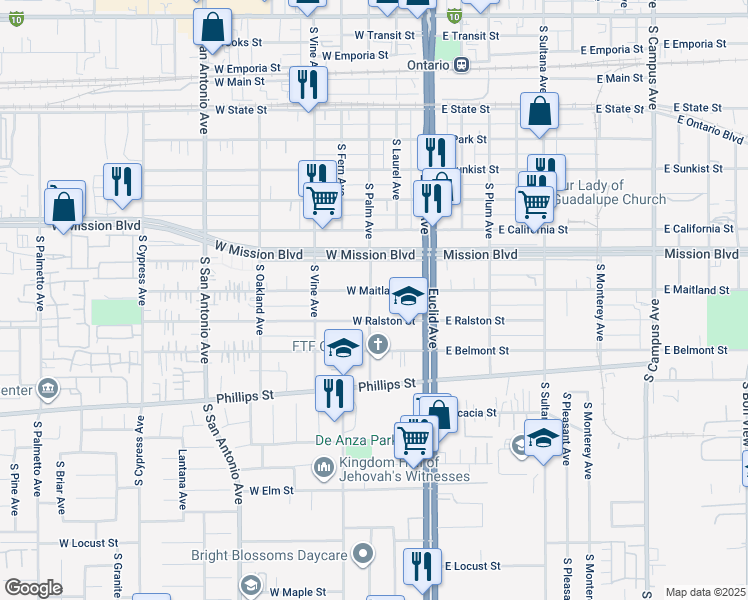 map of restaurants, bars, coffee shops, grocery stores, and more near 1013 South Palm Avenue in Ontario
