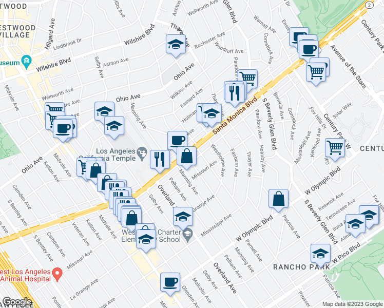 map of restaurants, bars, coffee shops, grocery stores, and more near 10604 California 2 in Los Angeles