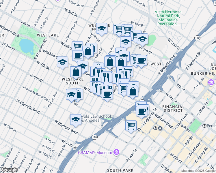 map of restaurants, bars, coffee shops, grocery stores, and more near 1234 Wilshire Boulevard in Los Angeles