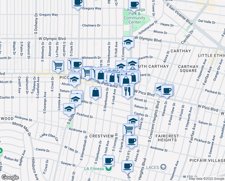 map of restaurants, bars, coffee shops, grocery stores, and more near 1417 South Holt Avenue in Los Angeles