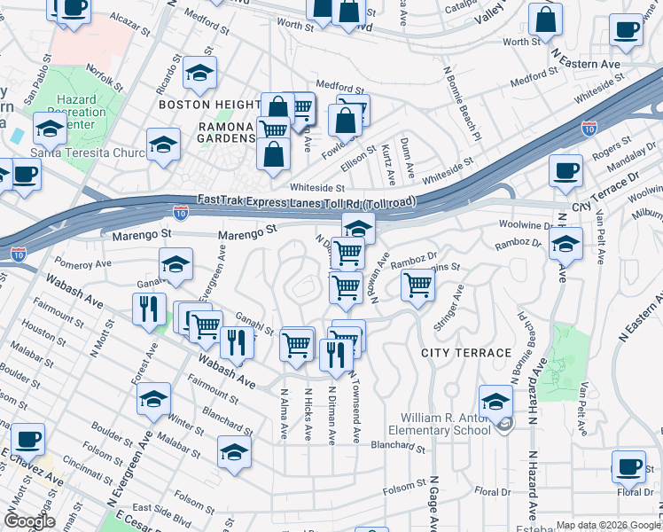 map of restaurants, bars, coffee shops, grocery stores, and more near 1253 North Ditman Avenue in Los Angeles