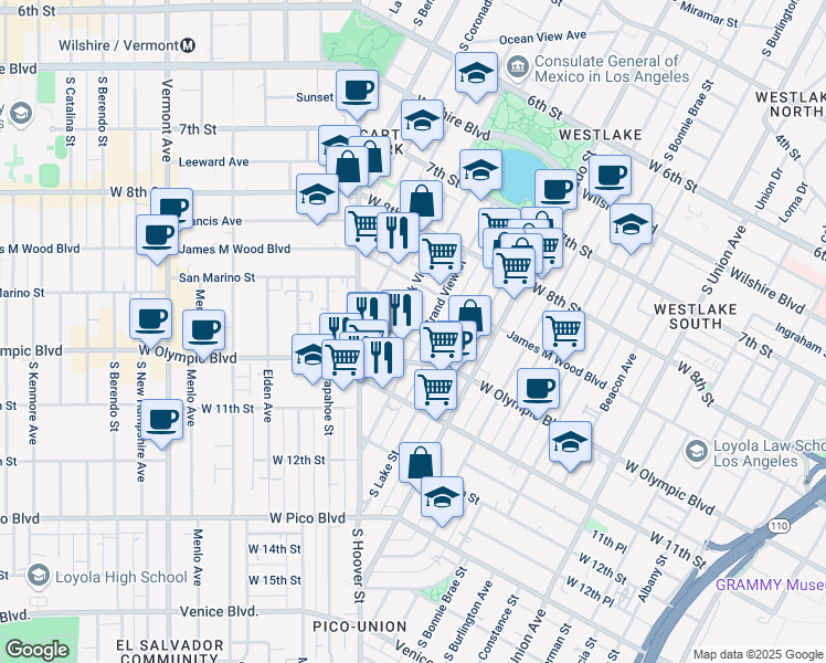 map of restaurants, bars, coffee shops, grocery stores, and more near 2323E West Olympic Boulevard in Los Angeles