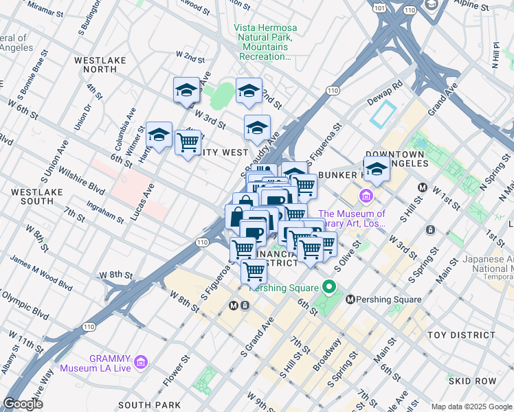 map of restaurants, bars, coffee shops, grocery stores, and more near 445 South Figueroa Street in Los Angeles