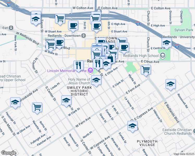 map of restaurants, bars, coffee shops, grocery stores, and more near 24 West Olive Avenue in Redlands