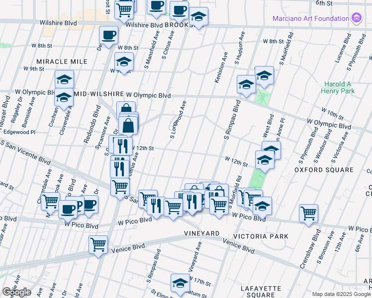map of restaurants, bars, coffee shops, grocery stores, and more near 1180 South Tremaine Avenue in Los Angeles