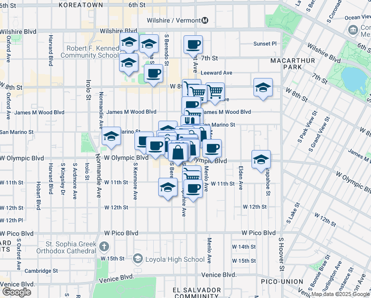 map of restaurants, bars, coffee shops, grocery stores, and more near 982 South New Hampshire Avenue in Los Angeles
