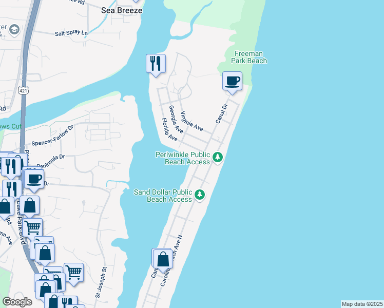 map of restaurants, bars, coffee shops, grocery stores, and more near 107 Florida Avenue in Carolina Beach