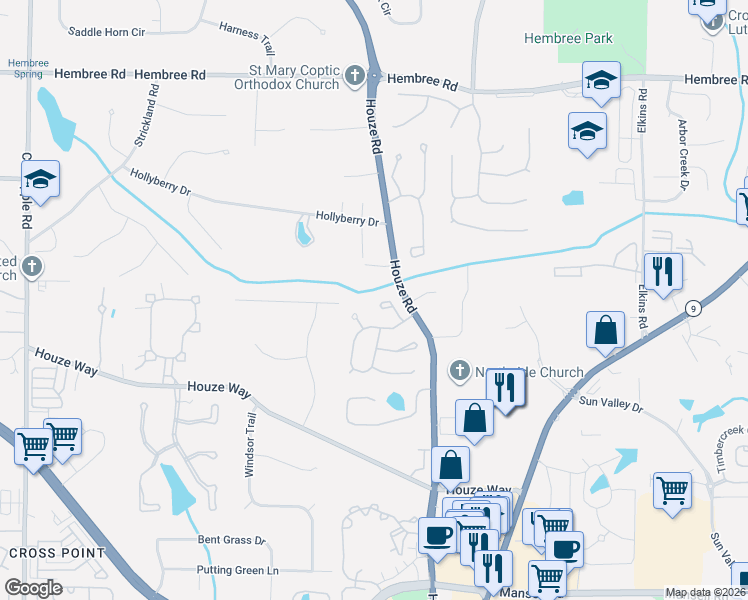 map of restaurants, bars, coffee shops, grocery stores, and more near 540 Ambergate Court in Roswell