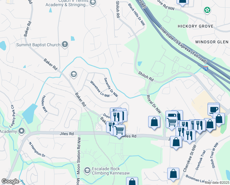 map of restaurants, bars, coffee shops, grocery stores, and more near 2176 Serenity Drive Northwest in Acworth