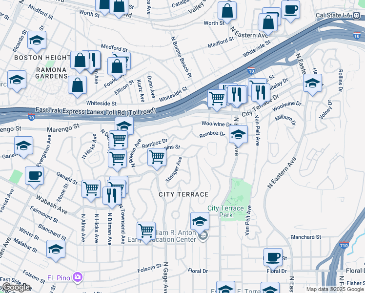 map of restaurants, bars, coffee shops, grocery stores, and more near 3837 Dwiggins Street in Los Angeles