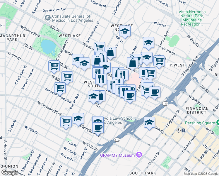 map of restaurants, bars, coffee shops, grocery stores, and more near 1425 West 7th Street in Los Angeles