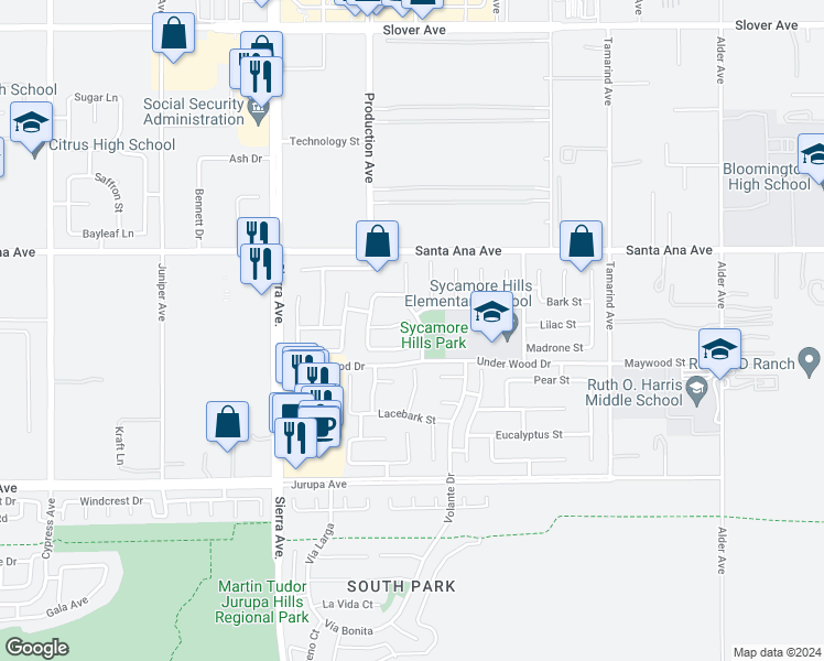 map of restaurants, bars, coffee shops, grocery stores, and more near 17139 Grapevine Court in Fontana