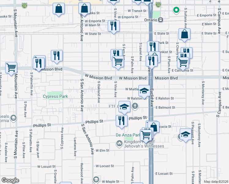 map of restaurants, bars, coffee shops, grocery stores, and more near 1019 South Vine Avenue in Ontario