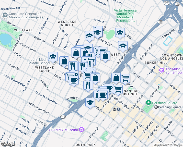 map of restaurants, bars, coffee shops, grocery stores, and more near 625 South Bixel Street in Los Angeles