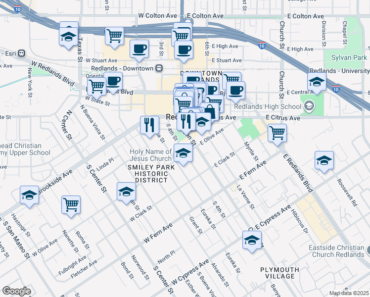 map of restaurants, bars, coffee shops, grocery stores, and more near 24 West Olive Avenue in Redlands