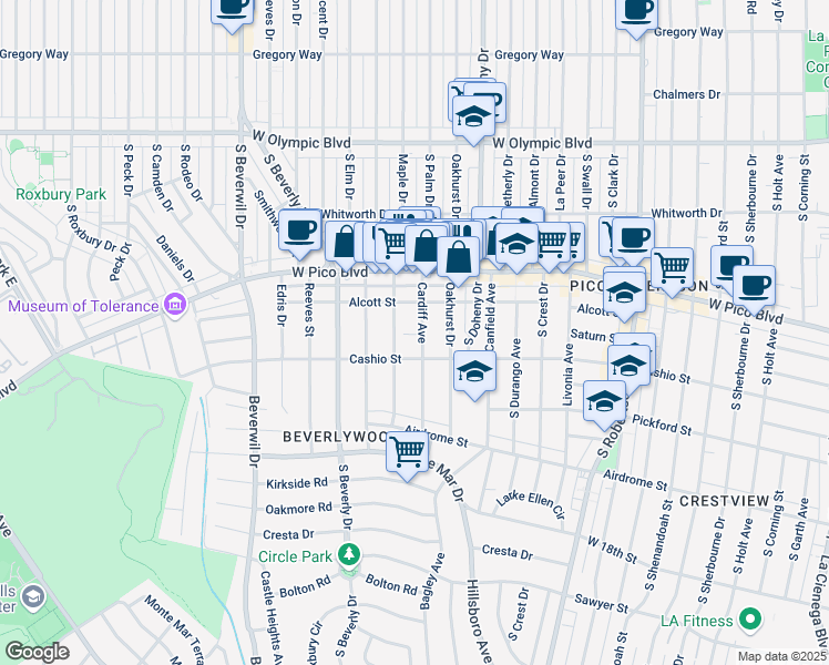 map of restaurants, bars, coffee shops, grocery stores, and more near 1467 Cardiff Avenue in Los Angeles