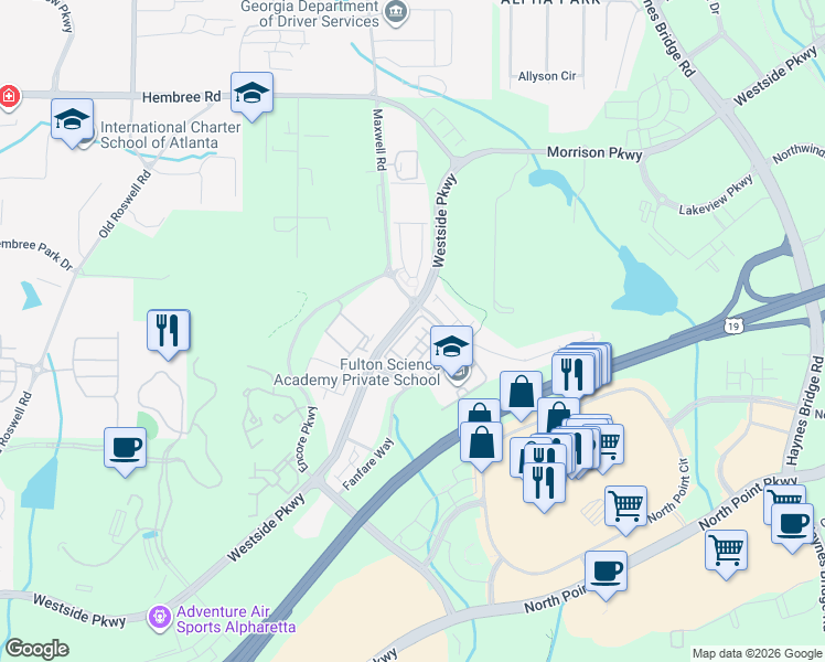 map of restaurants, bars, coffee shops, grocery stores, and more near 11177 Calypso Drive in Alpharetta