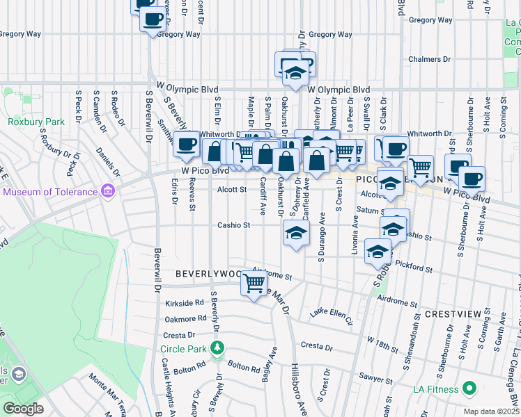 map of restaurants, bars, coffee shops, grocery stores, and more near 1467 Cardiff Avenue in Los Angeles