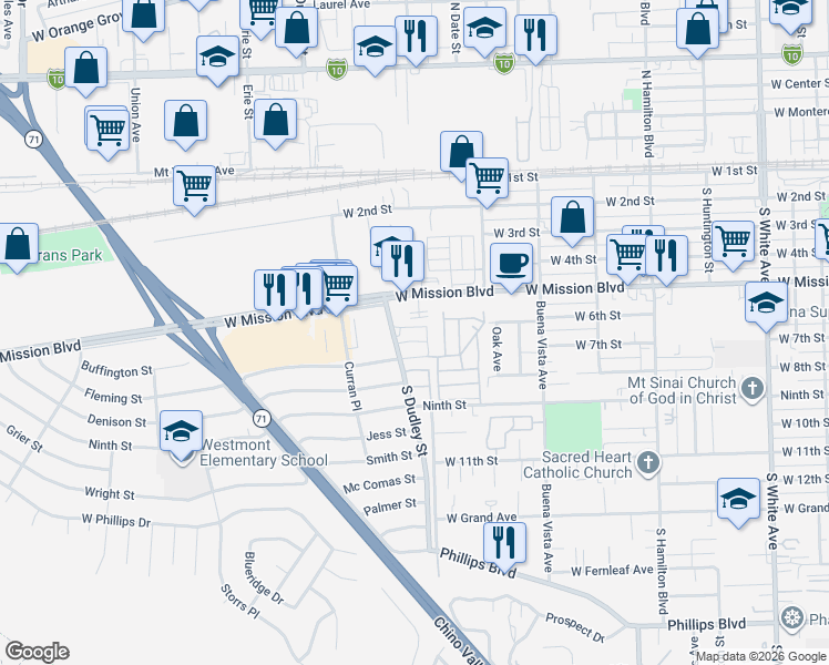 map of restaurants, bars, coffee shops, grocery stores, and more near 600 South Dudley Street in Pomona