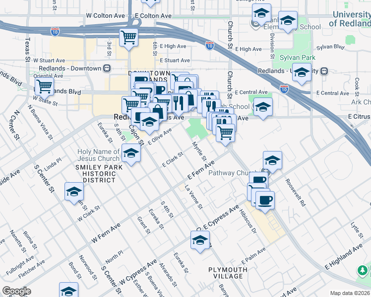 map of restaurants, bars, coffee shops, grocery stores, and more near 259 Sonora Street in Redlands