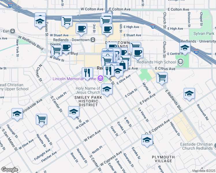 map of restaurants, bars, coffee shops, grocery stores, and more near 24 West Olive Avenue in Redlands