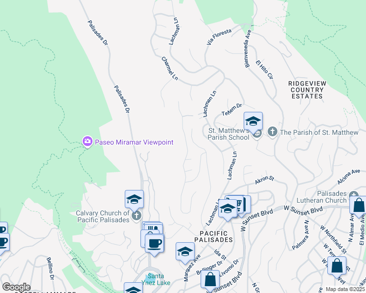 map of restaurants, bars, coffee shops, grocery stores, and more near 917 Enchanted Way in Los Angeles