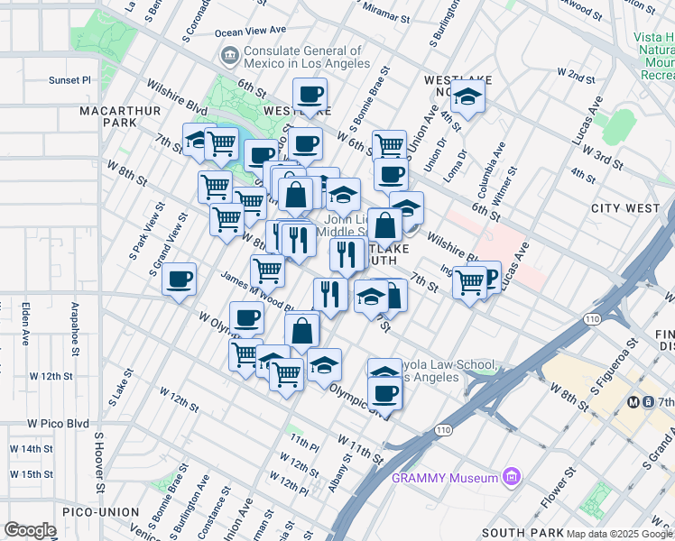 map of restaurants, bars, coffee shops, grocery stores, and more near 744 Beacon Avenue in Los Angeles